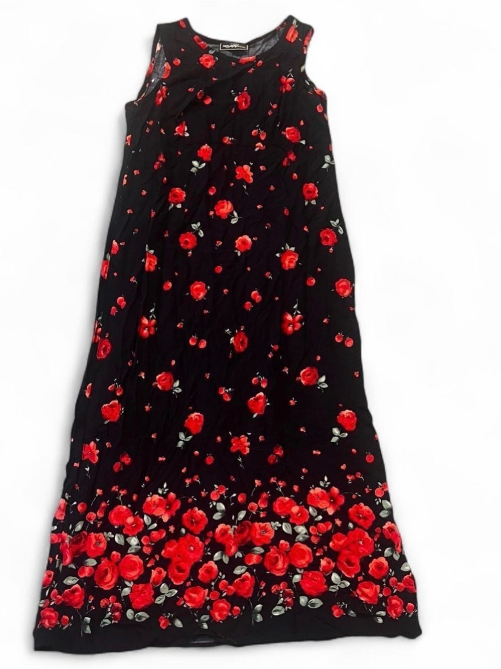 Black Maxi Dress  with Red Rose Print - Sleeveless Floral #90sVibes #vintage
